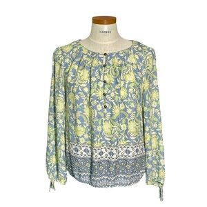 Lucky Brand Pastel Blue Floral Boho Casual Pullover Peasant Blouse Sz M